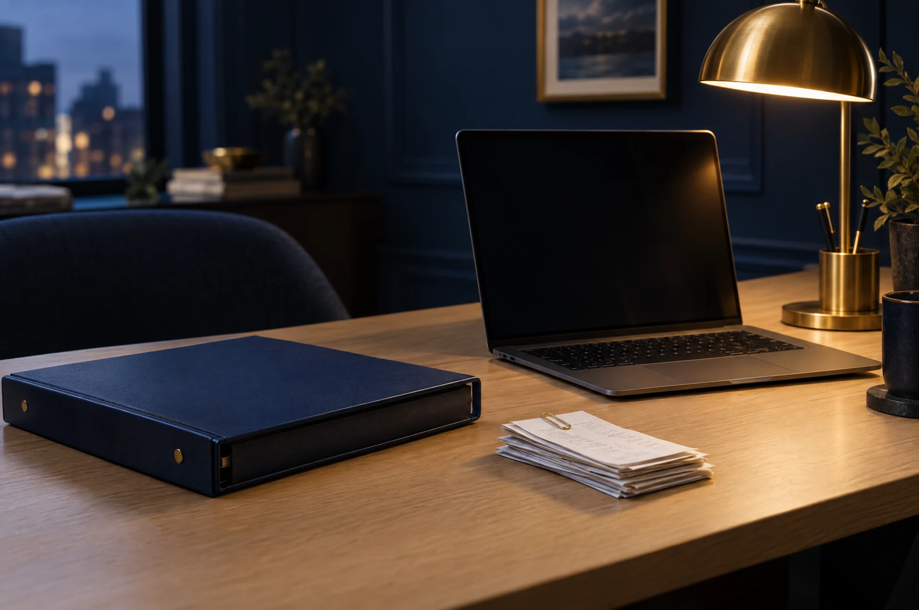 Ordner und Laptop mit sortierten Belegen