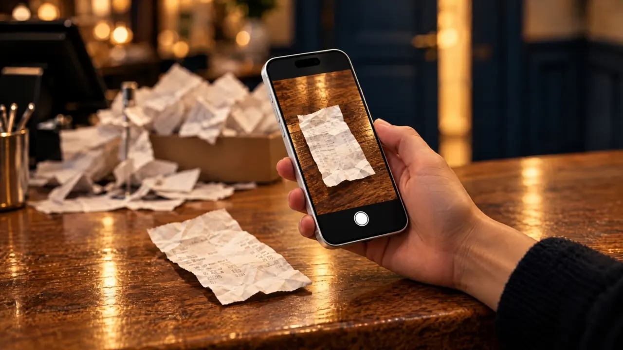 Ein Beleg wird mit dem Handy fotografiert